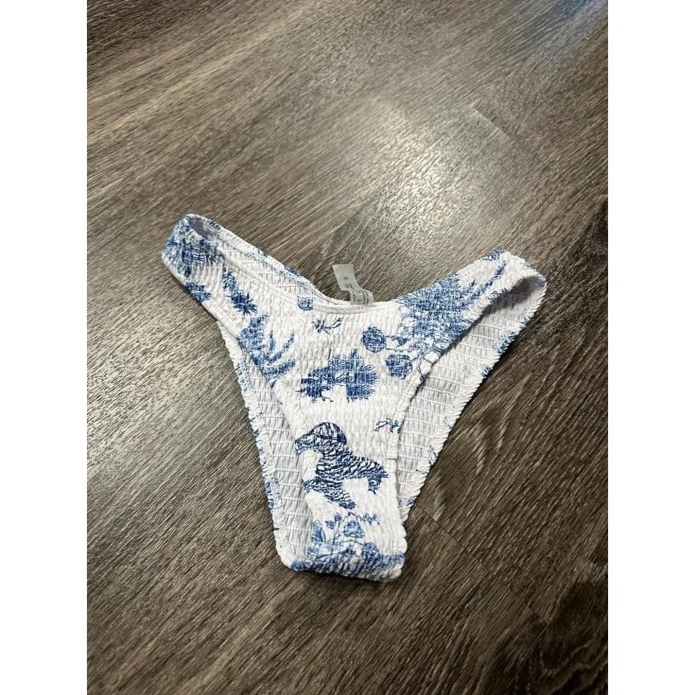 Blue and White Toile Smocked High Cut Bikini Bottoms Cheeky Swim Size S